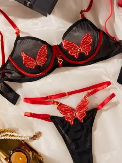 Sheer Mesh Red Butterfly Embroidery 3-Piece Lingerie Set