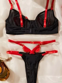 Sheer Mesh Red Butterfly Embroidery 3-Piece Lingerie Set