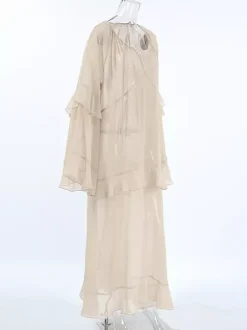 Sheer Chiffon Maxi Dress for Women - Khaki Boho Ruffle Flare Sleeve V Neck Flowy Cover Up - Spring Summer Casual 2026