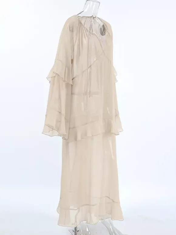 Sheer Chiffon Maxi Dress for Women - Khaki Boho Ruffle Flare Sleeve V Neck Flowy Cover Up - Spring Summer Casual 2026