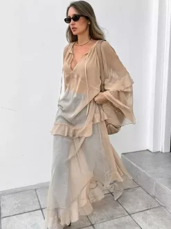 Sheer Chiffon Maxi Dress for Women - Khaki Boho Ruffle Flare Sleeve V Neck Flowy Cover Up - Spring Summer Casual 2026