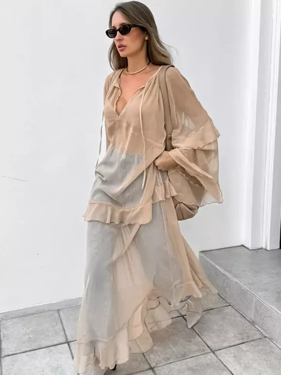 Sheer Chiffon Maxi Dress for Women - Khaki Boho Ruffle Flare Sleeve V Neck Flowy Cover Up - Spring Summer Casual 2026
