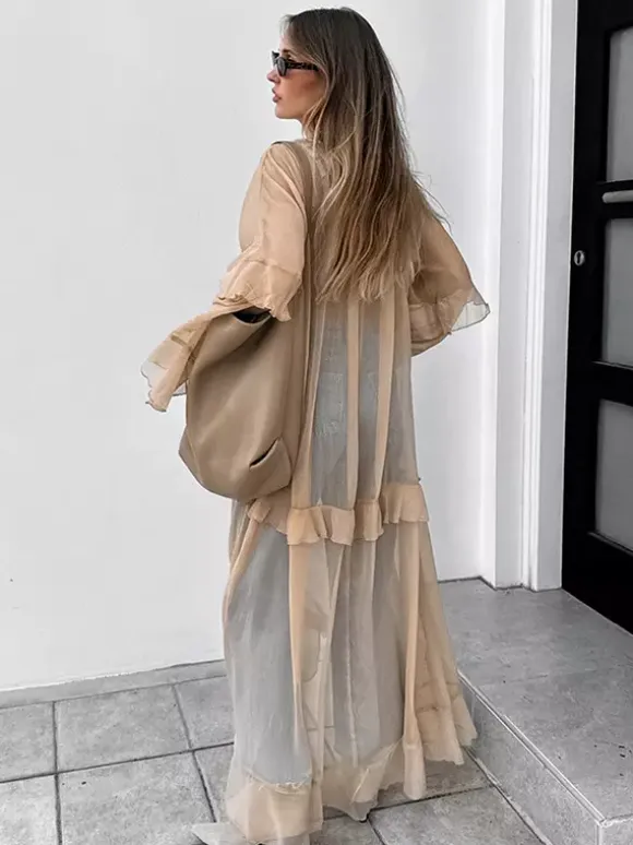 Sheer Chiffon Maxi Dress for Women - Khaki Boho Ruffle Flare Sleeve V Neck Flowy Cover Up - Spring Summer Casual 2026