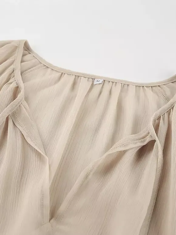 Sheer Chiffon Maxi Dress for Women - Khaki Boho Ruffle Flare Sleeve V Neck Flowy Cover Up - Spring Summer Casual 2026