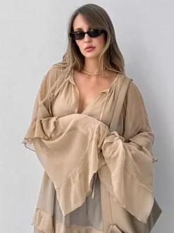 Sheer Chiffon Maxi Dress for Women - Khaki Boho Ruffle Flare Sleeve V Neck Flowy Cover Up - Spring Summer Casual 2026