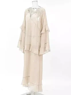 Sheer Chiffon Maxi Dress for Women - Khaki Boho Ruffle Flare Sleeve V Neck Flowy Cover Up - Spring Summer Casual 2026