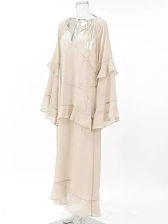 Sheer Chiffon Maxi Dress for Women - Khaki Boho Ruffle Flare Sleeve V Neck Flowy Cover Up - Spring Summer Casual 2026
