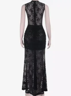 Sheer Floral Lace Maxi Dress For Women - Black Gothic Sleeveless Bodycon Gown - Summer Night Party Clubwear 2026