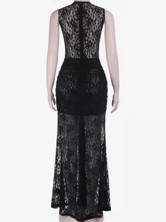 Sheer Floral Lace Maxi Dress For Women - Black Gothic Sleeveless Bodycon Gown - Summer Night Party Clubwear 2026