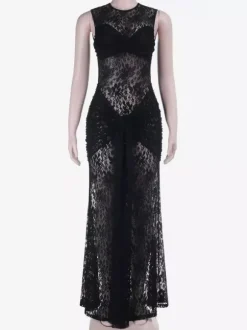 Sheer Floral Lace Maxi Dress For Women - Black Gothic Sleeveless Bodycon Gown - Summer Night Party Clubwear 2026