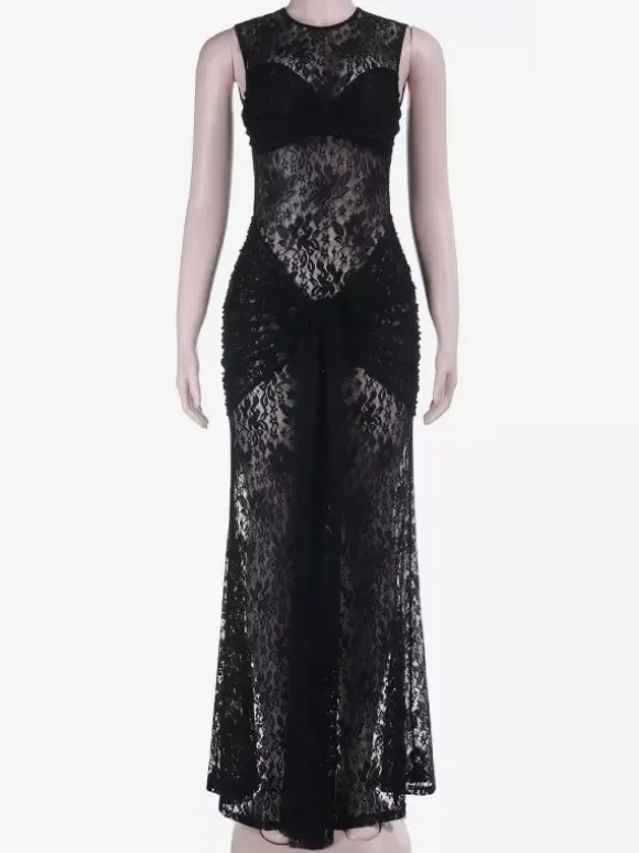 Sheer Floral Lace Maxi Dress For Women - Black Gothic Sleeveless Bodycon Gown - Summer Night Party Clubwear 2026