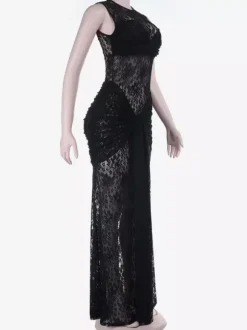 Sheer Floral Lace Maxi Dress For Women - Black Gothic Sleeveless Bodycon Gown - Summer Night Party Clubwear 2026