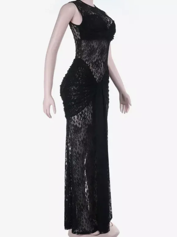 Sheer Floral Lace Maxi Dress For Women - Black Gothic Sleeveless Bodycon Gown - Summer Night Party Clubwear 2026