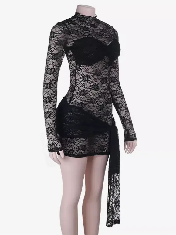 Sheer Floral Lace Mini Dress For Women - Black Gothic Mock Neck Long Sleeve Bodycon - Spring Club Night Outfits 2026