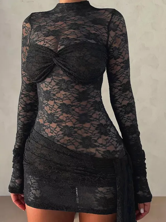 Sheer Floral Lace Mini Dress For Women - Black Gothic Mock Neck Long Sleeve Bodycon - Spring Club Night Outfits 2026
