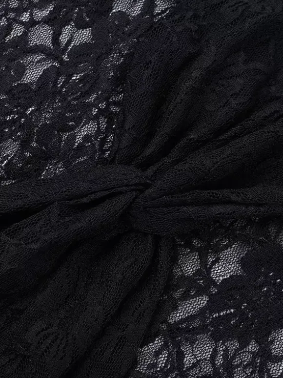 Sheer Floral Lace Mini Dress For Women - Black Gothic Mock Neck Long Sleeve Bodycon - Spring Club Night Outfits 2026