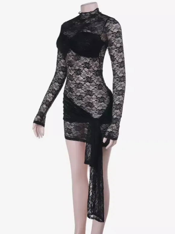 Sheer Floral Lace Mini Dress For Women - Black Gothic Mock Neck Long Sleeve Bodycon - Spring Club Night Outfits 2026