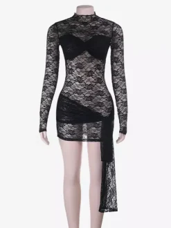 Sheer Floral Lace Mini Dress For Women - Black Gothic Mock Neck Long Sleeve Bodycon - Spring Club Night Outfits 2026