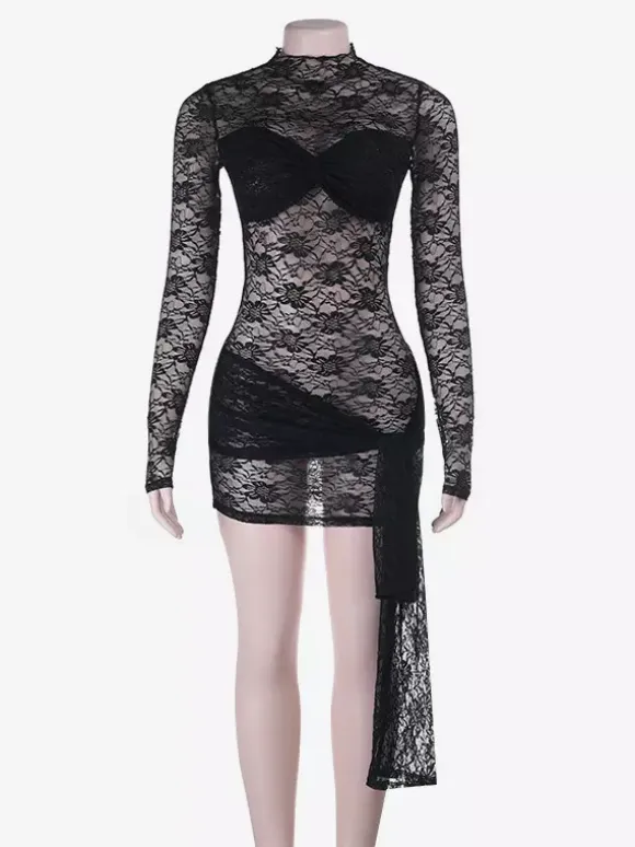 Sheer Floral Lace Mini Dress For Women - Black Gothic Mock Neck Long Sleeve Bodycon - Spring Club Night Outfits 2026