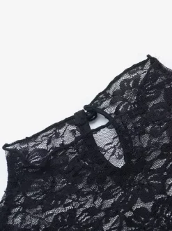 Sheer Floral Lace Mini Dress For Women - Black Gothic Mock Neck Long Sleeve Bodycon - Spring Club Night Outfits 2026