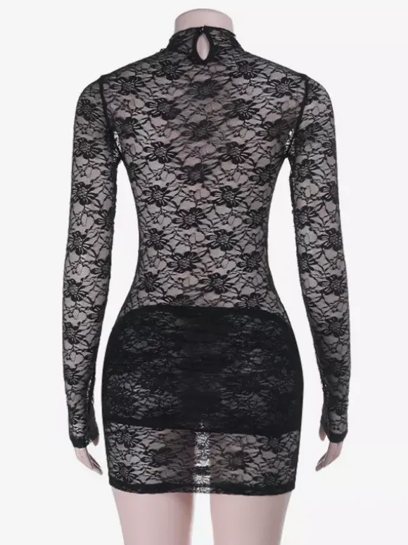 Sheer Floral Lace Mini Dress For Women - Black Gothic Mock Neck Long Sleeve Bodycon - Spring Club Night Outfits 2026