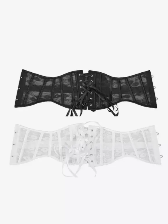 Sheer Floral Lace Short Waist Trainer Corset Front Hook Back Lace Up