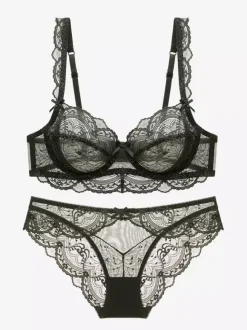Sheer Floral Lace Underwire Bra Thong Lingerie Set