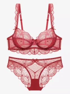 Sheer Floral Lace Underwire Bra Thong Lingerie Set