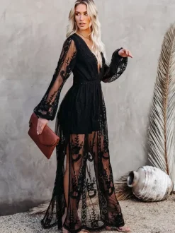 Sheer Lace Maxi Dress for Women - Boho V Neck Mesh Lantern Sleeve Split Gown - Summer Beach Wedding 2026