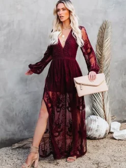 Sheer Lace Maxi Dress for Women - Boho V Neck Mesh Lantern Sleeve Split Gown - Summer Beach Wedding 2026