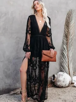 Sheer Lace Maxi Dress for Women - Boho V Neck Mesh Lantern Sleeve Split Gown - Summer Beach Wedding 2026