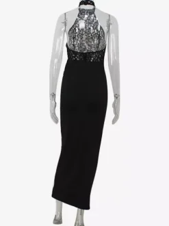 Sheer Lace Patchwork Halter Maxi Dress For Women - Black Sexy Backless Mermaid Bodycon - Summer Formal Evening Gown 2026