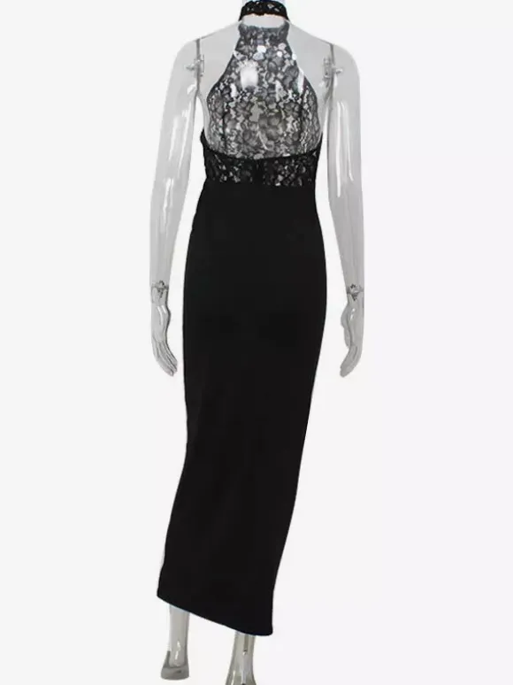 Sheer Lace Patchwork Halter Maxi Dress For Women - Black Sexy Backless Mermaid Bodycon - Summer Formal Evening Gown 2026