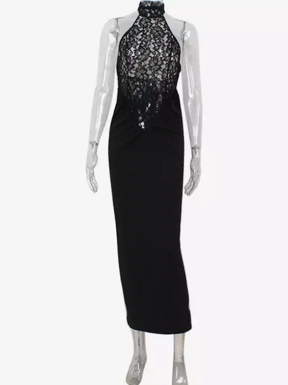 Sheer Lace Patchwork Halter Maxi Dress For Women - Black Sexy Backless Mermaid Bodycon - Summer Formal Evening Gown 2026
