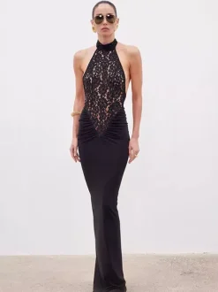Sheer Lace Patchwork Halter Maxi Dress For Women - Black Sexy Backless Mermaid Bodycon - Summer Formal Evening Gown 2026