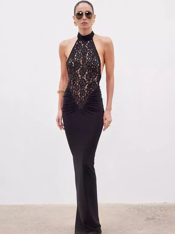 Sheer Lace Patchwork Halter Maxi Dress For Women - Black Sexy Backless Mermaid Bodycon - Summer Formal Evening Gown 2026