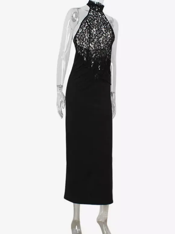 Sheer Lace Patchwork Halter Maxi Dress For Women - Black Sexy Backless Mermaid Bodycon - Summer Formal Evening Gown 2026