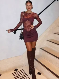 Sheer Lace Ruched Mini Dress For Women - Sexy Cut Out Open Back Bodycon Gown - Summer Night Out Club Party 2026