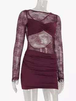 Sheer Lace Ruched Mini Dress For Women - Sexy Cut Out Open Back Bodycon Gown - Summer Night Out Club Party 2026
