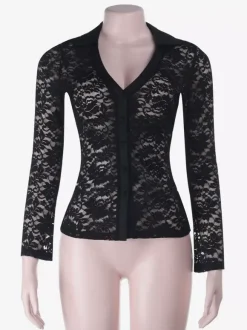 Sheer Lace Women's Lace Shirt - Gothic V-Neck Button Up Slim Shirt Cardigan - Spring Night Out Top 2026
