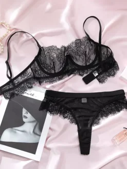 Sheer Lingerie Lace Black 2-Piece Black Floral Sheer Mesh Underwire Bra Panty Sets