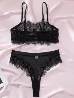 Sheer Lingerie Lace Black 2-Piece Black Floral Sheer Mesh Underwire Bra Panty Sets