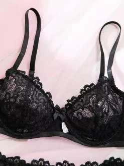 Sheer Lingerie Lace Up Floral Print Black 3-Piece Bra Panty Sets