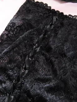 Sheer Lingerie Lace Up Floral Print Black 3-Piece Bra Panty Sets