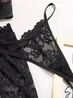 Sheer Lingerie Lace Up Floral Print Black 3-Piece Bra Panty Sets