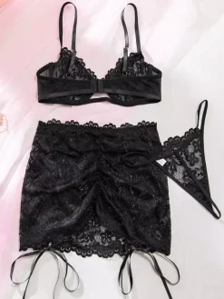 Sheer Lingerie Lace Up Floral Print Black 3-Piece Bra Panty Sets