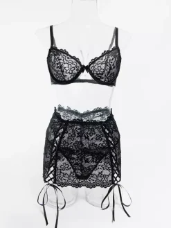 Sheer Lingerie Lace Up Floral Print Black 3-Piece Bra Panty Sets