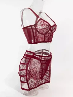 Sheer Lingerie Lace Up Floral Print Burgundy 3-Piece Bra Panty Sets