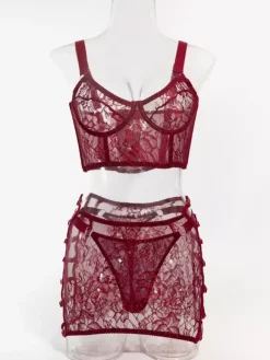 Sheer Lingerie Lace Up Floral Print Burgundy 3-Piece Bra Panty Sets