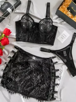 Sheer Lingerie Lace Up Floral Print Burgundy 3-Piece Bra Panty Sets